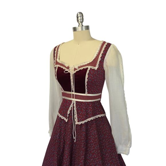 Gunne Sax Peplum Midi Dress Size 9 Burgundy Floral Calico Velvet Corset 70s VTG - Picture 7 of 10